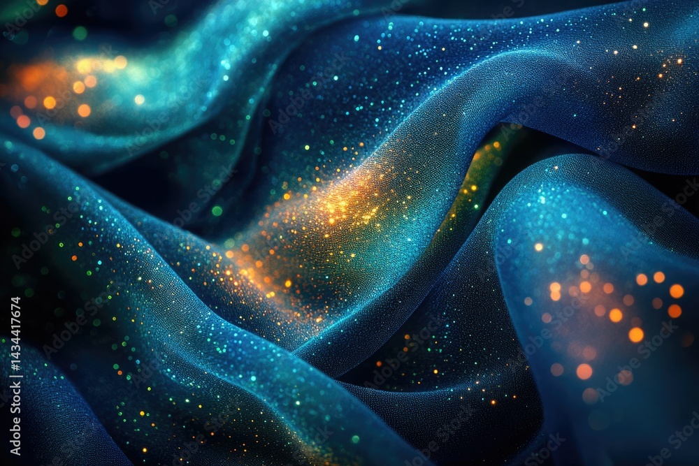 Poster sparkling teal and gold glitter fabric draped in soft waves, creating a luxurious and dreamy texture