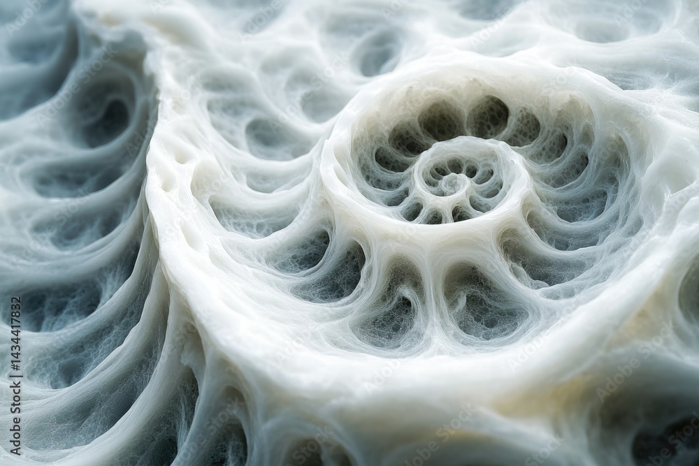 Poster abstract spiral structure resembling organic matter, intricate network of cavities and tunnels.