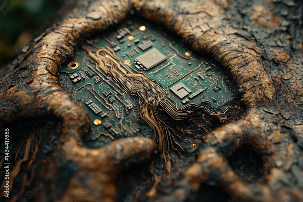 Poster circuit board embedded in tree bark, symbolizing technology's integration with nature.