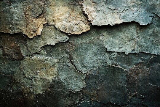 Dark, textured stone wall with deep crevices and varied shades of gray, brown, and green.