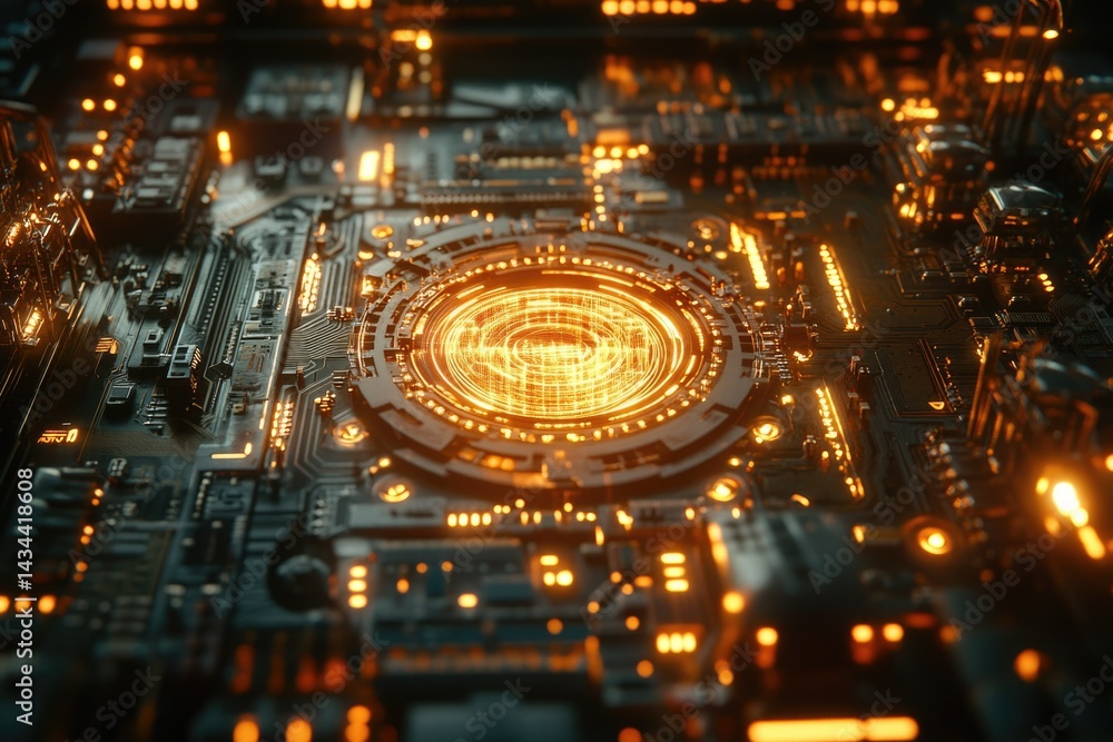 Poster Futuristic circuit board with glowing orange lines forming a central circular pattern, suggesting advanced technology.