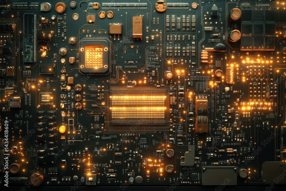 Fototapete close-up view of a complex circuit board with glowing components, showcasing intricate electronic de