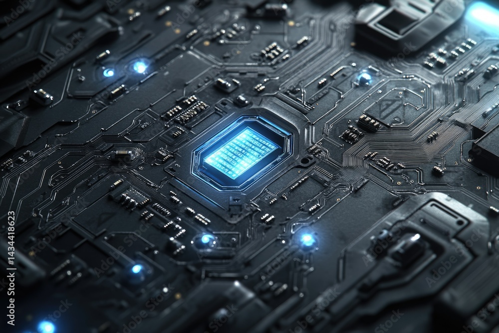 Poster close-up of a futuristic circuit board with glowing components, showcasing intricate technological d