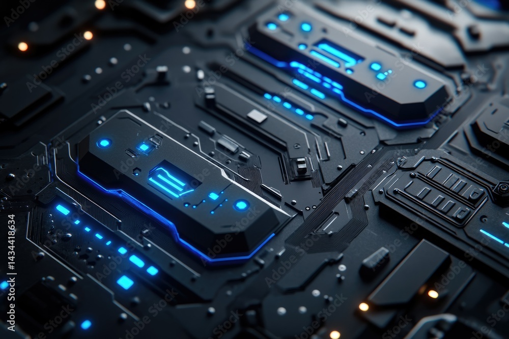 Aufkleber futuristic tech circuit board with glowing blue lines, showcasing advanced technology and intricate 
