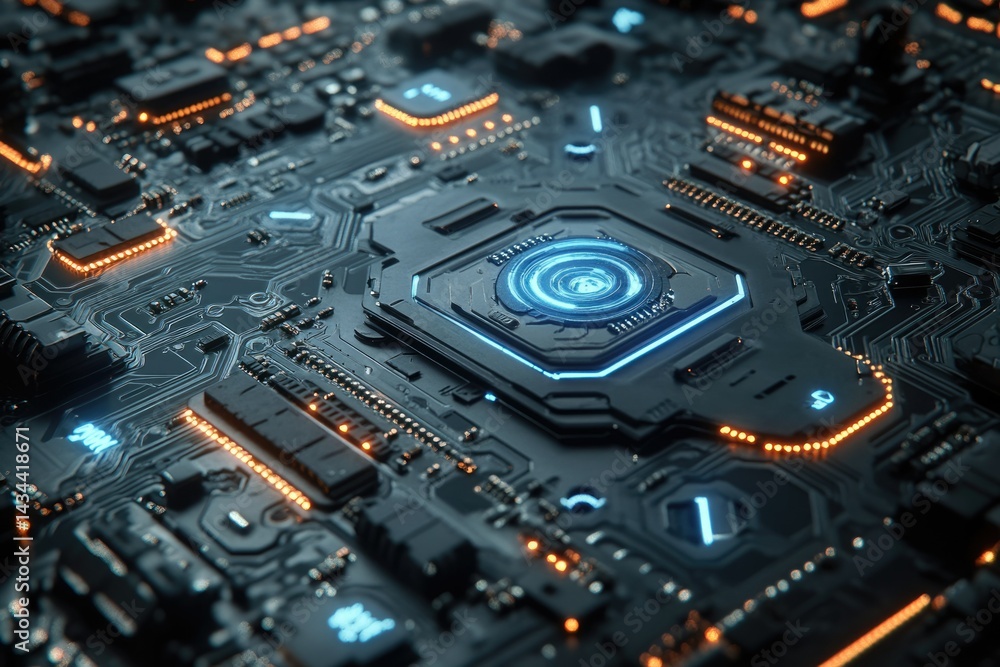Poster close-up of a futuristic circuit board with glowing blue central processor and orange accents.