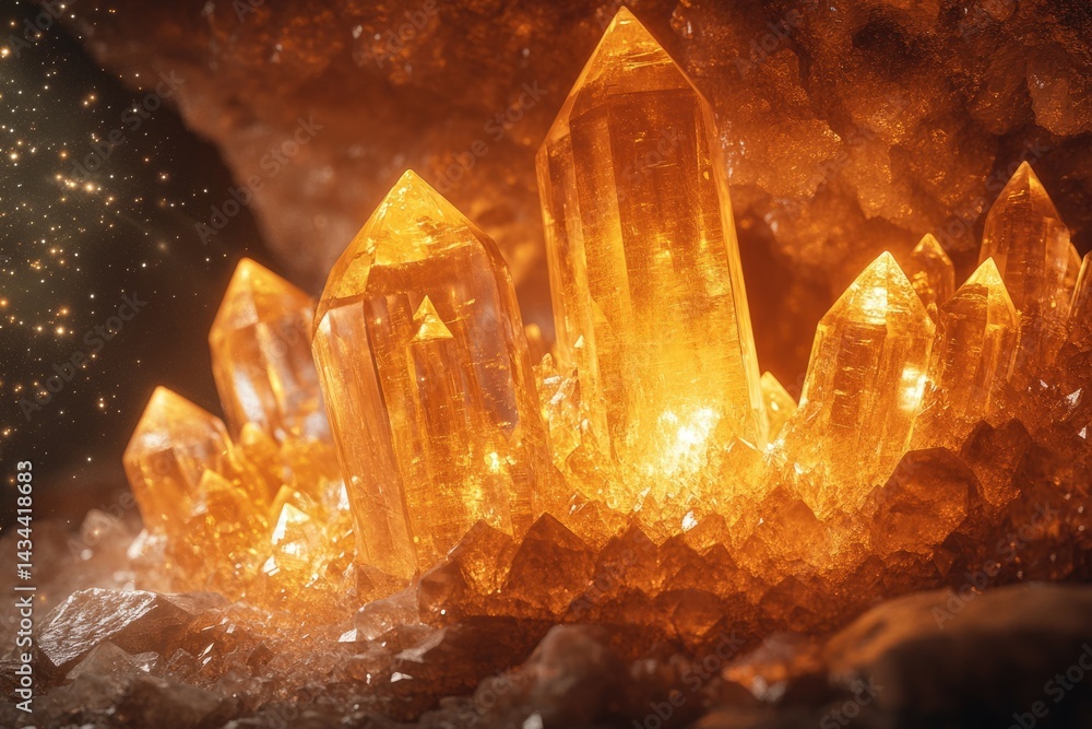 Poster luminous amber crystals cluster in a dark cave, glowing with inner light.