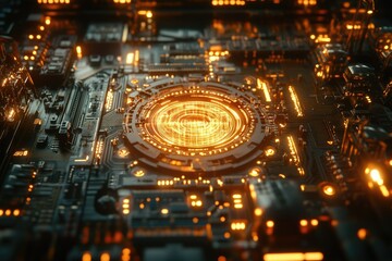 Futuristic circuit board with glowing orange lines forming a central circular pattern, suggesting advanced technology.