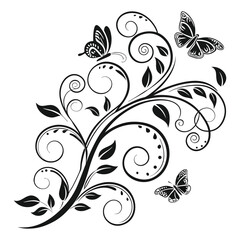 Stylized Black and White Botanical Illustration with Butterflies and Swirling Vines