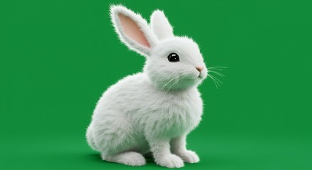 Obraz premium White Rabbit Sitting on Green Background