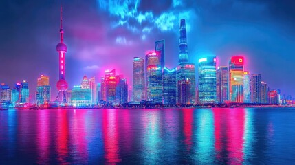 Obraz premium Vibrant nighttime cityscape of Shanghai, China, showcasing the iconic skyline reflected in the water.