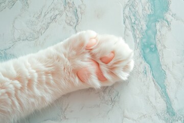 Obraz premium Close-up of a fluffy white cat paw with pink paw pads resting on a teal marble surface.