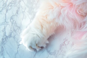 Fluffy white cat paw on marble background, soft fur, pastel colors.