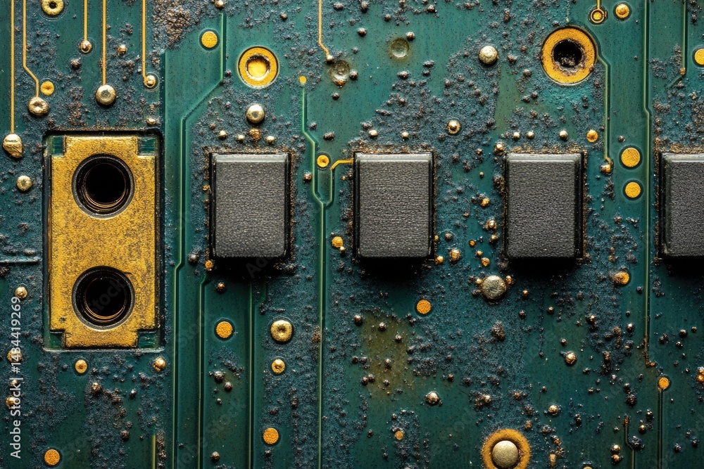 Aufkleber Close-up of a weathered circuit board with RAM slots and gold connectors, showing signs of age and use.