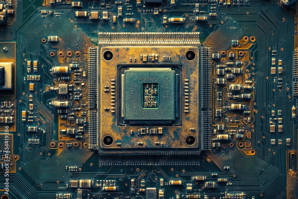 Fototapete Close-up of a vintage circuit board showcasing a central processor unit and intricate circuitry.