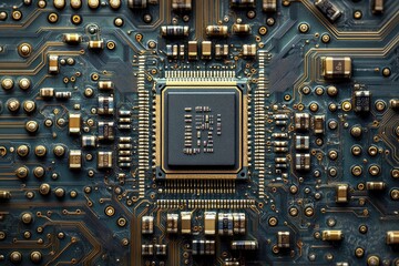 Close-up of a circuit board showcasing a central processor unit and intricate circuitry.