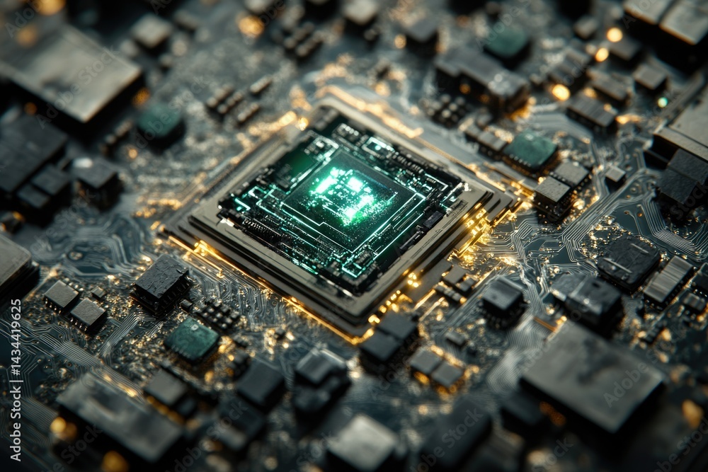 Poster Close-up of a computer motherboard showcasing a central processing unit with glowing circuitry.