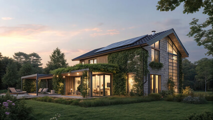 Evening shot of modular eco home, vertical gardens and solar roof tiles shining.