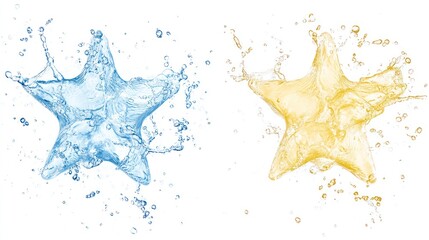 Blue and gold water stars splash, white background, refreshing drink concept