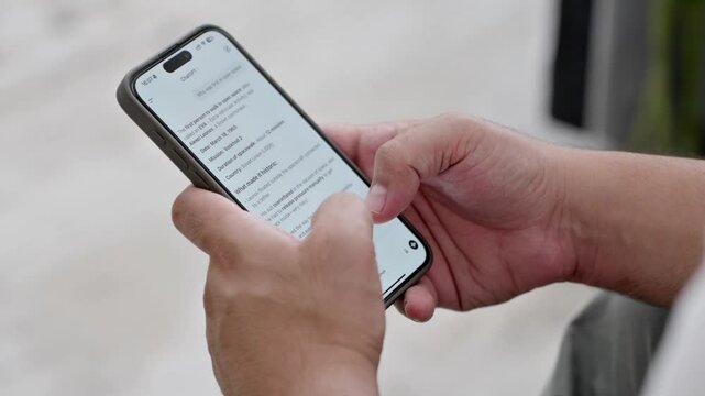 Dubai, UAE- 25.04.2025: Adult male using OPEN AI ChatGPT on a smartphone. Artificial intelligence technology. Smartphone closeup. Male hands using AI on phone. High quality 4k footage
