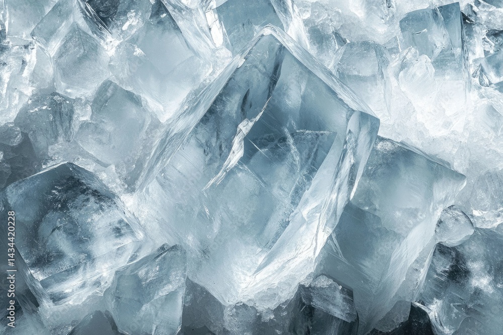 Poster A close-up view of translucent ice crystals, showcasing their intricate, angular formations and frosty texture.