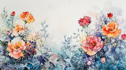 watercolor botanical Carnation flowers texture template background.Elegant wedding invitation card background . Minimal hand painted Design for wedding or Valentine's Day
