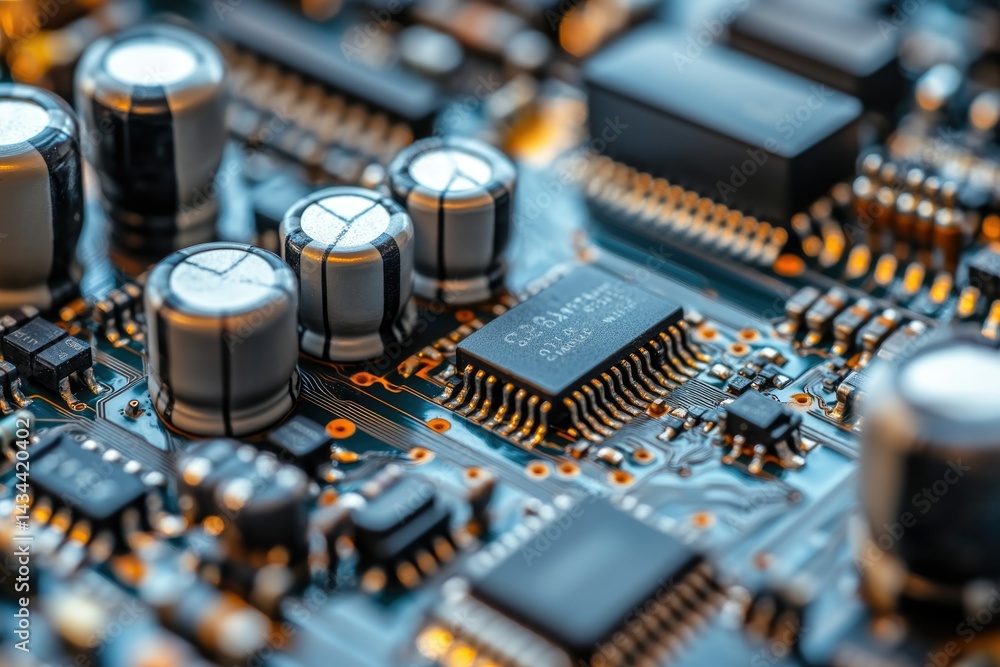 Fototapete Close-up view of a circuit board showcasing intricate electronic components and microchips.