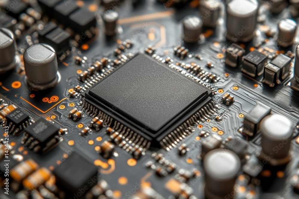 Fototapete Close-up of a circuit board showcasing a central microchip and surrounding components.