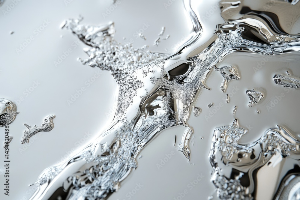 Poster Abstract close-up of liquid metal, showcasing its reflective and textured surface with intricate patterns.