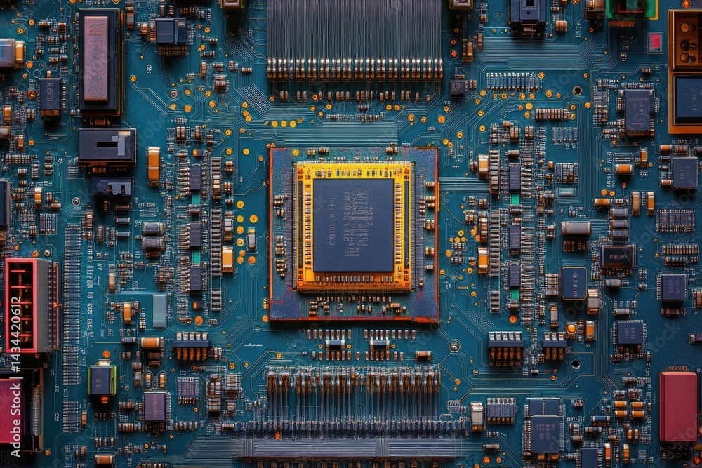 Poster close-up view of a complex circuit board showcasing intricate electronic components and a central pr