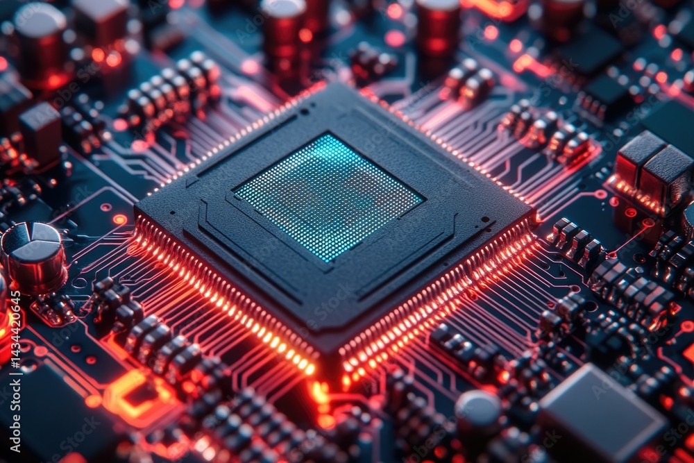 Poster close-up of a central processing unit (cpu) on a circuit board, glowing with red light.