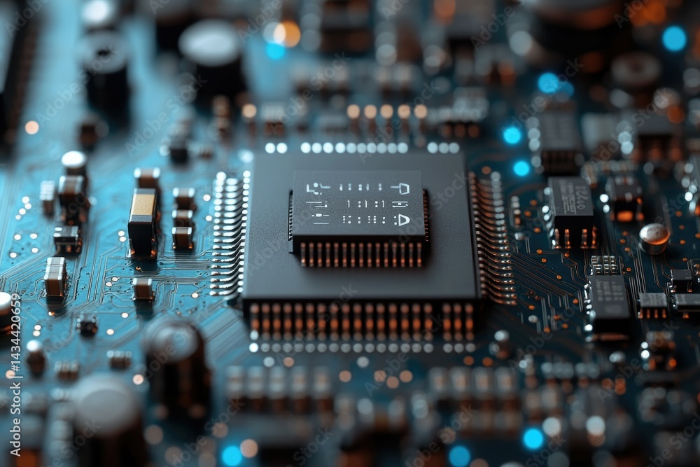 Fototapete close-up of a microchip on a circuit board, showcasing intricate electronic components and connectio