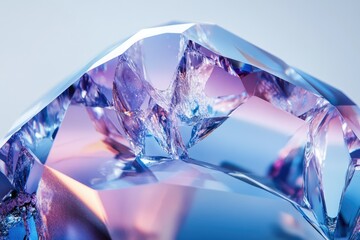 Close-up of a fractured, iridescent crystal showcasing its vibrant blue and purple hues and intricate geometric facets.