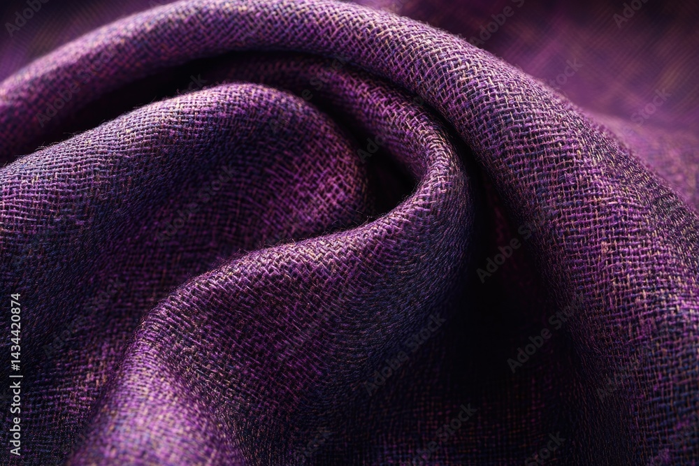 Aufkleber close-up of a rich purple fabric with a textured weave, showing its draping quality.