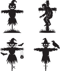 Halloween Scarecrows silhouette vector illustration isolated On Transparent Background