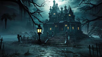 A spooky haunted house looms under a full moon surrounded by eerie trees and gravestones, creating an unsettling atmosphere on Halloween night
