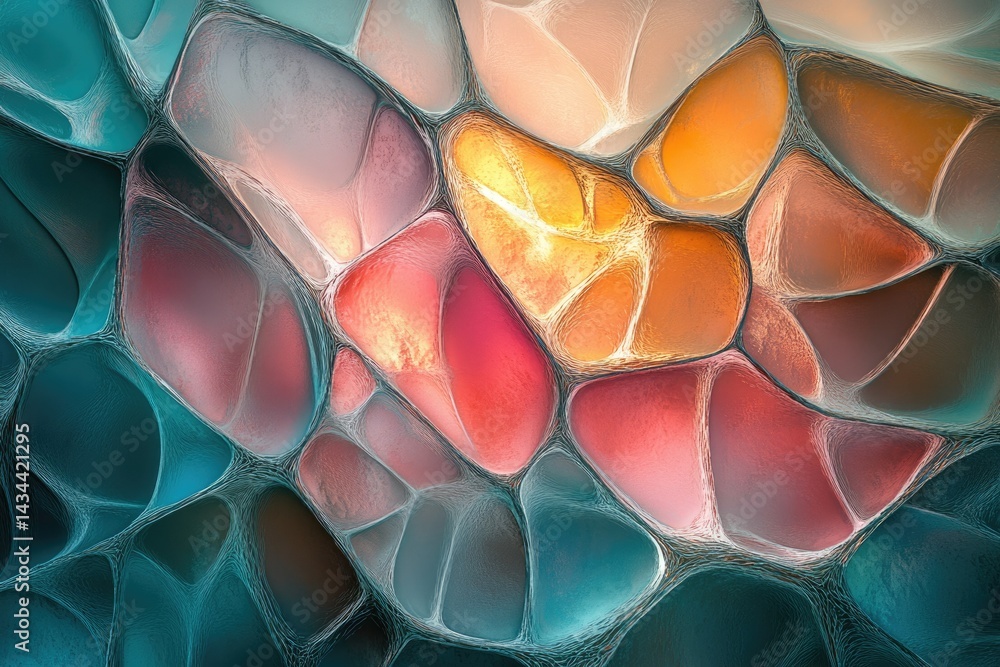 Poster abstract art depicting interconnected, organic shapes in warm and cool tones, creating a mesmerizing