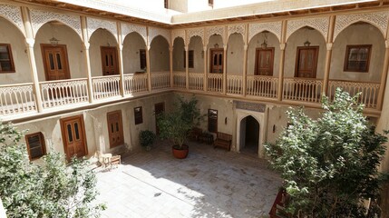 Fototapeta premium Ornate courtyard arches, plants, sunlit space
