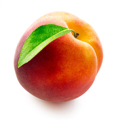 Fresh peach with leaf isolated on white background with clipping path.