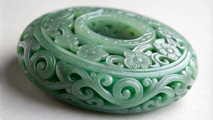Close-Up Jade Donut Pendant, Floral Carving on Round Green Stone, gemstone, jewelry
