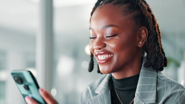 Business, smile and black woman in office, smartphone and laughing with online comedy video. African person, happy employee and consultant with cellphone, humor and message to contact and joke
