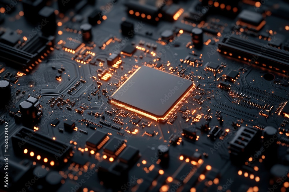 Fototapete close-up of a computer motherboard showcasing a central processing unit with illuminated circuitry.
