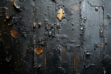 Abstract art depicting a dark, textured surface with gold accents, resembling damaged electronics or a futuristic ruin.