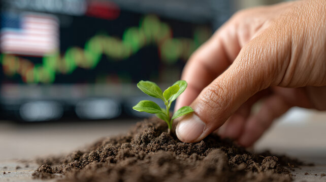 Hand nurturing plant with stock market graph background. - Powered by Adobe