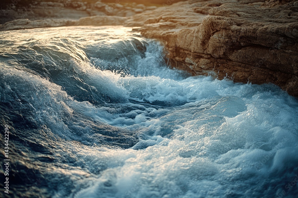 Poster turbulent water rushes over rocks, creating foamy waves and a dynamic scene.