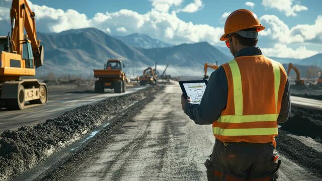 A civil engineer, wearing an orange hard hat and work clothes with phosphorescent reflectors, stands on a highway where road construction work is taking place.