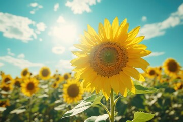 Fototapeta premium A vibrant sunflower basks in the summer sun, surrounded by a field of its brethren under a bright blue sky.