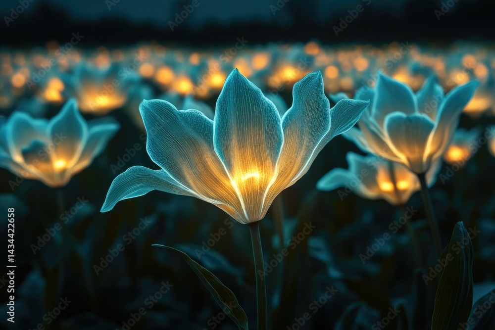 Poster glowing teal tulips illuminate a dark field, creating a magical and serene nighttime scene.