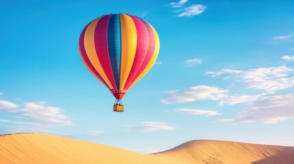 Colorful hot air balloon floating above golden sand dunes under clear blue sky