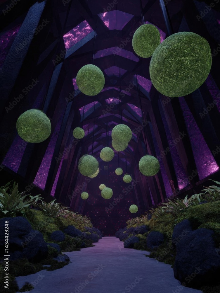 Poster pathway in a dark tunnel-like space with a high ceiling. the pathway is lined with rocks and plants 