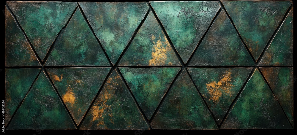 Poster intricate triangular mosaic pattern of deep greens and golds
